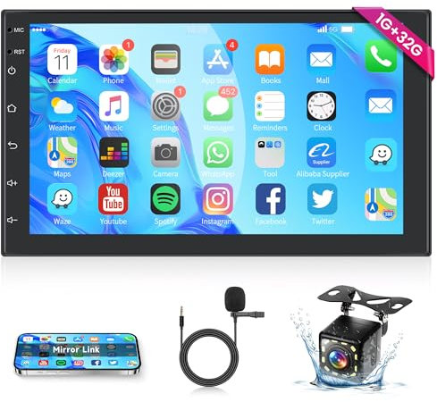 Rimoody Android Autoradio 2 Din, 7 Pollici 2.5D Touchscreen 2 Din Autoradio con IOS/Android Mirror Link GPS Navi WiFi FM/RDS Radio EQ Controllo al Volante Telecamera Posteriore