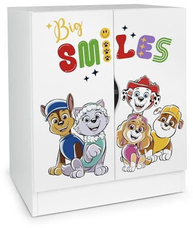 Leomark Weiß Kleiderschrank für Kinder Schränkchen 60x42x78 cm (H) mit höhenverstellbaren Einlegeböden, moderner Kinderschrank mit UV-Druck Aufbewahrungsschrank ideal fürs Kinderzimmer (Paw Patrol 02)