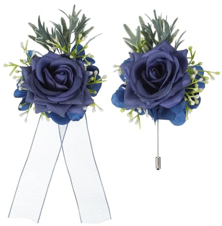 sourcing map Blue Wrist Corsage and Boutonnieres Set, Artificial Flowers Corsage Wristlet for Wedding Bride Groom Ceremony Anniversary Prom Party