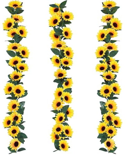Aieraczy 3 Pcs Sunflower Garland, Artificial Sunflowers Garland, Sunflowers Artificial Flowers, Garden Fence Decorations, Fake Flower Garlands for Outside Balcony Party Wedding Wall Decoration