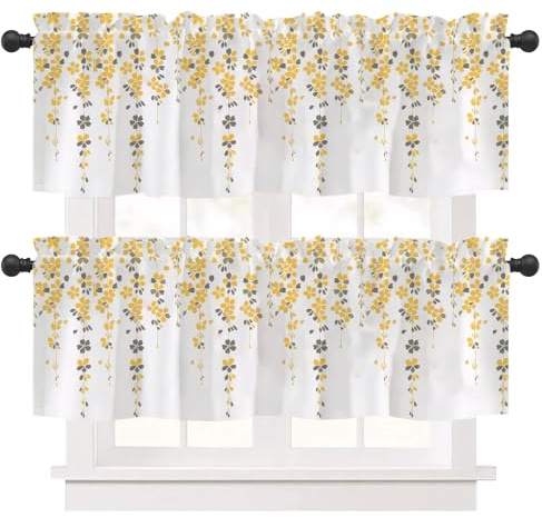 Ausing Set di 2 tende da cucina con stampa di fiori e foglie, tende corte per caffè, bistrot, tende a volant per balcone e bagno, giallo