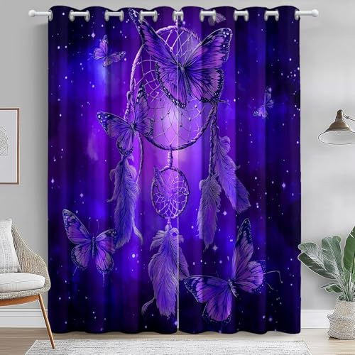 Tende Oscuranti per Interni 117 L x 229 A cm (2 Pannelli), Sogno Galassia Acchiappasogni Tema Poliestere & Termiche Isolanti Tende Scorrevoli con Occhielli per Soggiorno, Viola Scuro