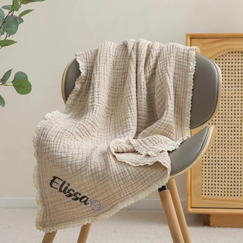 Keruidian Personalisierte Babydecke, Bio-Musselin-Decke, Baby-Wickeldecke, bestickter Name, Geschenk für Neugeborene (Khaki)