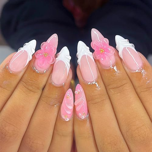 Almond Medium Press On Nails - 24Pcs French Tip False Nails with 3D Flowers Design - Oval Pink Fake Nails with Glue - Full Cover Glossy Acrylic Reusable Stick On Nail for Women Nail Art