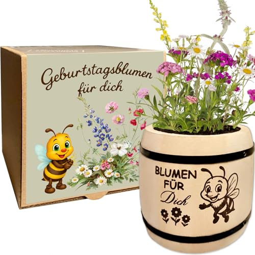 KRONLY Geschenk zum Geburtstag, Geburtstagsblumen Pflanzset mit Holzfass, Geburtstagsgeschenk für Frauen, Blumensamen zum Selbstpflanzen, Geschenktüte, Wundertüte
