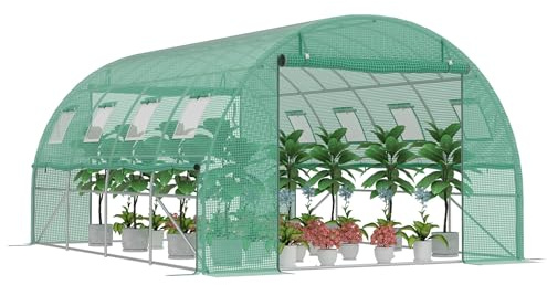 PEILU 12㎡ frostskydd, trädgårdsväxthus av stål, ram 3 x 4 x 2 m HDPE-folieväxthus med 8 insektsskyddsgaller fönster och 2 dörrgångjärnsväxthus, trädgård, övervintringstält för växter