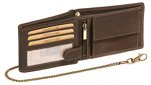 LEAS MCL Biker Portefeuille pour homme et femme avec la chaîne Vintage-Style format paysage, cuir véritable, marron - ''LEAS Chain-Series''