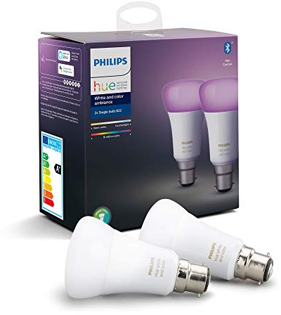 Philips Hue White and Colour Ambiance LED Smart Light Bulb 2 Pack [B22 Bayonet Cap] 60W Equivalent, with Bluetooth, Works with Alexa, Google Assistant and Apple Homekit.