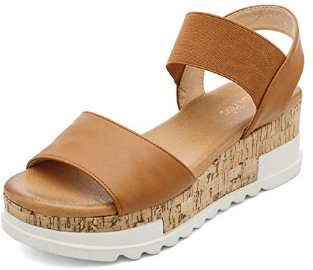 DREAM PAIRS Womens Open Toe Elastic Strap Casual Flatform Platform Wedges Sandals,Size 8.5,Camel,REED-2