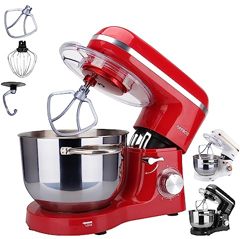 Arebos Küchenmaschine 1500W mit 6L Edelstahl-Rührschüssel | Rot | inkl. Rührhaken, Knethaken, Schneebesen | Spritzschutz | 6 Geschwindigkeiten | Knetmaschine | Teigmaschine