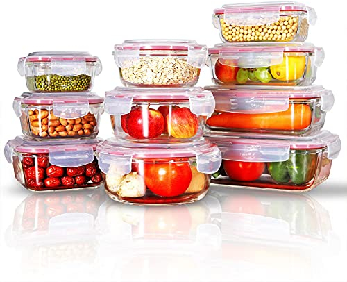 Vinsani Glass Food Containers 10 Pack Rectangle Round Square Food Meal Prep Lunch Boxes with Lids Airtight Heat Resistant Leakproof Lid BPA-Free Dishwasher Microwave Oven Freezer Safe