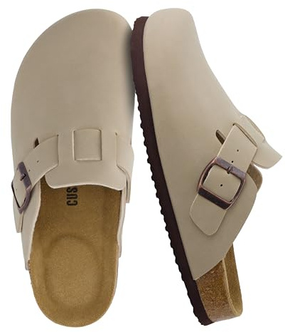 CUSHIONAIRE Hana Womens Clogs | Comfortable Vegan Suede Clogs for Women | Slip On Potato Shoes with Cork Footbed & Arch Support, Stone 8.5