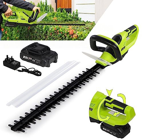 Hedge Trimmer Cordless, Hedge Cutter with 20V 2.0Ah Battery and Charger, 510mm Blade Length, 18.5 Tooth Opening, Electric Hedge Trimmer/Cutter with Rotating Handle, Lightweight