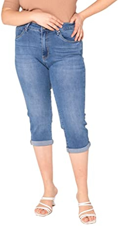 Nina Carter P200 dam caprijeans, stora storlekar, hög midja, jeans, sommarbyxor, använd look, Blå (P200-5), 48 plus size