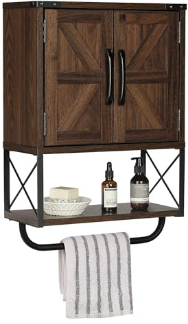 RUSTOWN Farmhouse Rustic Medicine Cabinet with Two Barn Door,Wood Wall Mounted Storage Cabinet with Adjustable Shelf and Towel Bar, 3-Tier Cabinet for Bathroom(Dark Walnut)