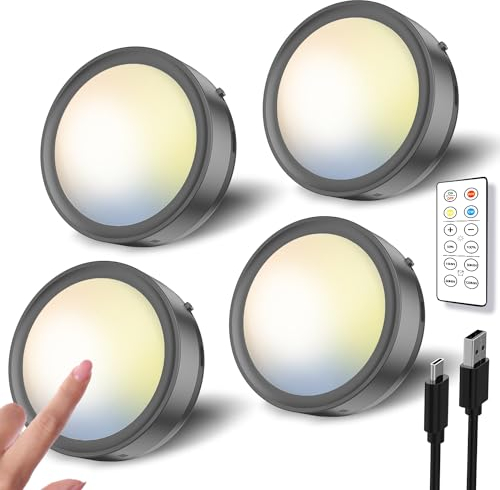 Tedmos Faretti LED Ricaricabili USB con Telecomando, 2400 mAh Luci Vetrina Senza Fili Dimmerabile Luci LED a Batteria Adesive per Cucina Sottopensile Lampada Armadio Magnetica Luce Notturna Touch