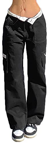 shownicer Pantalon Cargo Femme Baggy Taille Basse Y2k Aesthetic Vintage Jean Multi Poche Coupe Droite Casual Harajuku Streetwear Y1 Noir XS