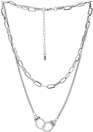 Hipster Kvinnor Halsband med handbojor Två strängar Rolo Chain Oval Link Chain Silverfärg, Punk Rock