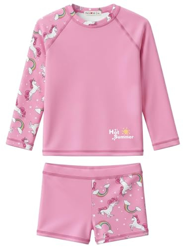 weVSwe Flicka baddräkt UPF 50+ skydd långärmad tvådelad rosett badmode rash guard volanger sällsynta sömmanschetter, Rosa enhörning-2, 10 år