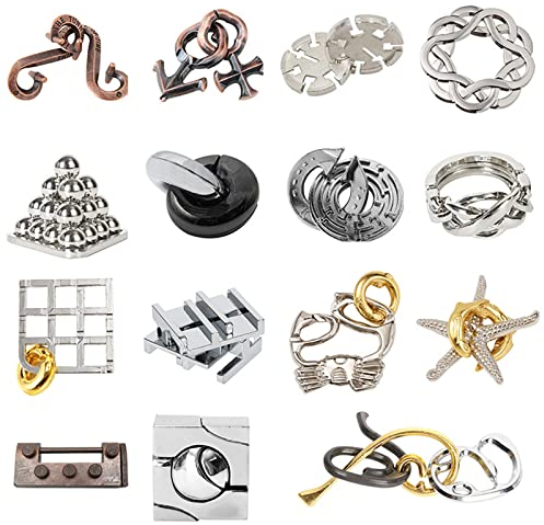 Holzsammlung 15 Stück Knobelspiele im Set,Metall Knobelei IQ-Spiele Set IQ Test 3D Brainteaser Puzzle Metallpuzzle Geschenke für Kinder Teenager & Erwachsene Weihnachten Geschenk - A039