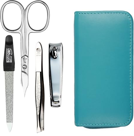 Maniküre Set 4 teilig Reise Etui - Nagelschere, Nagelknipser, Nagelfeile und Pinzette - Etui aus echtem Nappa-Lammleder - Maniküre und Pediküre (Türkis)