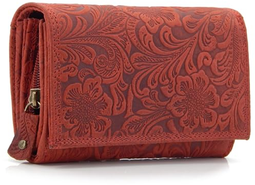 ekavale Damen Leder-Geldbörse mit Blumenmotiv und RFID-Blockierung, Portemonnaie Langformat mit Druckknopfverschluss (Rot)
