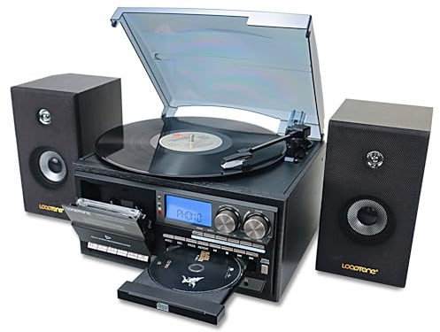 LoopTone Vinyl Record Player with Dual 15W External Speakers 10 in 1 3 Speed Bluetooth Vintage Turntable CD Cassette Player AM/FM Radio USB Recorder Aux-in RCA Line-Out (Black)
