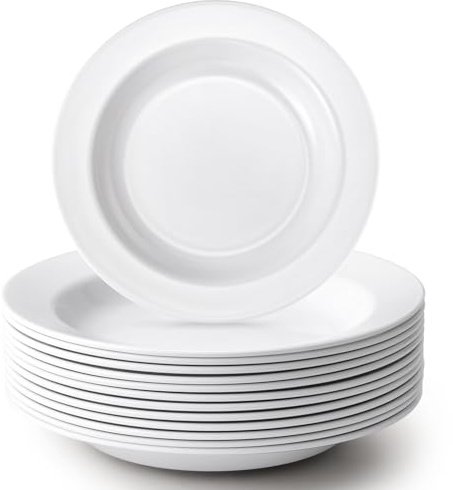 Willinglong 12 Pcs Plastic Plates 14 oz Pasta Bowls Wide Rim Deep Soup Plates White Salad Dishes for Dinner Wedding Party Supplies, 9 Inch, Fridge and Dishwasher Safe(Not Microwaveable)