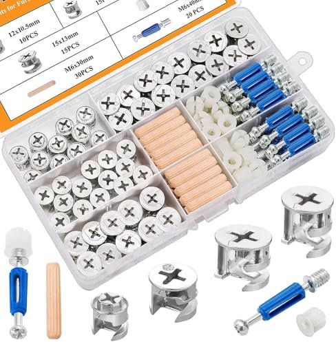 Sunxeke 170PCS Cam Locks for Furniture,3-in-1 Eccentric Hardware Wheels,Furniture Fasteners & Connectors with Multi-Size Nuts,Bolts and Wood Dowel Pins-Assortment Kit for Furniture Assembly/Repair