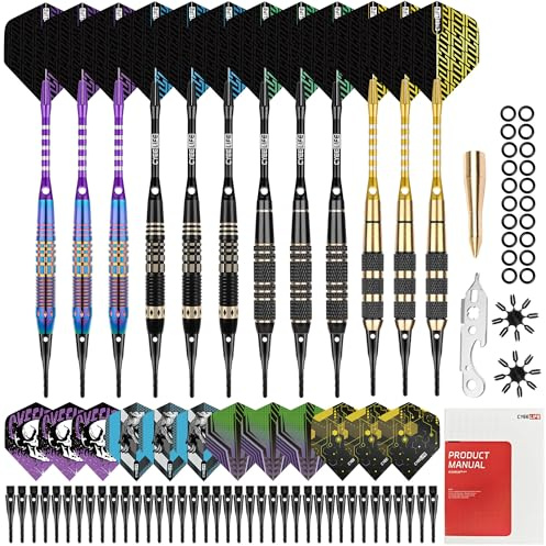 CyeeLife Fléchettes de Dart avec pointe en plastique, 12 pièces Set Premium Softdarts - Barils en laiton avec 4 designs, 24 ailettes, 50 pointes, 20 O-rings et accessoires pour cible électronique