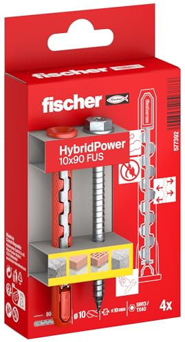 fischer HybridPower 10 x 90 FUS, chevilles pour une capacité de charge et une sécurité maximales, montage facile sans outil de pose, universel pour matériaux perforés et pleins, maçonnerie, béton, sûr