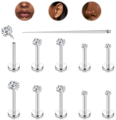 LOLIAS 10 Piezas 16G Titanio Piercing Tragus Piercing Oreja Piercing Labret CZ Plateado Pendientes Nariz Piercing Medusa Piercing Joyería 6/7/8MM