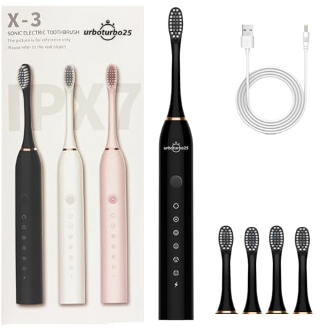 Sonic Travel Electric Toothbrush for Adults and Kids, 3 Colours, Black White Pink, 30+ Day Battery, 4 Toothbrush Heads and 6 Modes, USB Rechargeable, Gentle Powerful Cleaning by urboturbo25 (Black)