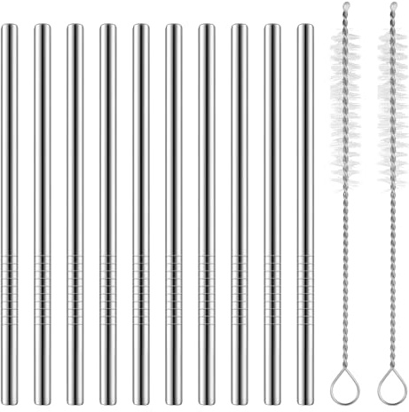 LIQWEI 10 pajitas de acero inoxidable, pajitas cortas de metal reutilizables, pajitas cortas de cóctel con cepillo para zumos y bebidas (12,5 cm)