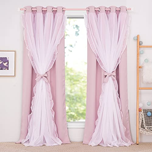 PONY DANCE Light Pink Curtains for Girls Bedroom, 52x84 Inch, 2 Panels | Ruffle Sheer Overlay, Double Layer Eyelet Blackout Curtains with Bow Tiebacks, Kids Dreamy Princess Decor, Chic Style