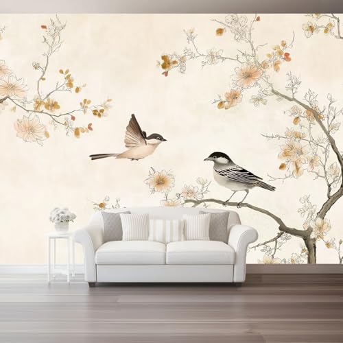 Papel tapiz fotográfico 250 x 175 cm Revestimiento de paredes decoración de salón Diseño Tinta China Pájaros para dormitorio, sala de estar, papel tapiz no tejido, decoración de pared, Beige Claro