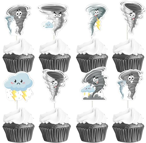 36 Pcs Tornado Birthday Party Decorations Cute Grey Tornado Themed Cupcake Toppers Lightning Cloud Theme Cupcake Decor for Boys Girls Weather Theme Birthday Party Baby Shower Supplies