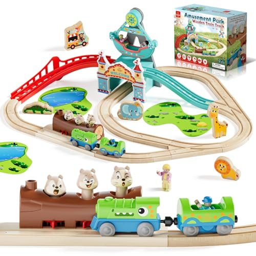 Lehoo Castle Train en Bois, Dinosaure Train Electrique Enfant, Dès 3 Ans