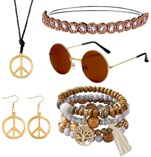 HTTDSLF Costume Hippie Donna Anni 70 Anni 60, Hippie Accessories, Costume da Carnevale, Collana con Segno di Pace|Orecchini|Fascia per Capelli|Bracciali|Occhiali da Sole, Festa di Halloween Natale