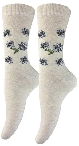 BF Souvenirs Elegantes calcetines alpinos para mujer y niños con diseño de edelweiss, diseño de flores discretas en estilo rústico, calcetines de algodón suave, calcetines tradicionales para traje