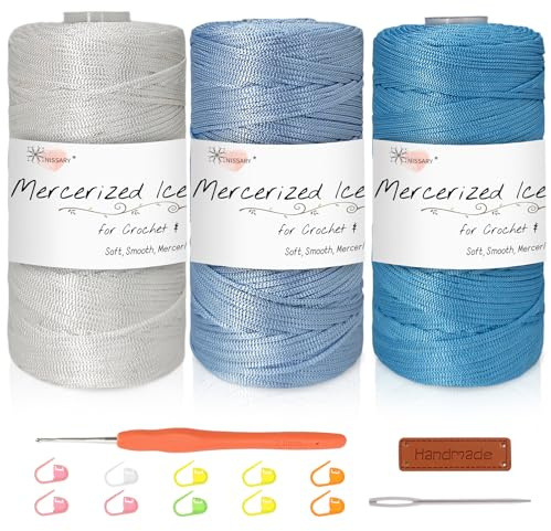 Nissary 1.5mm Macrame Cord Kit, 3 Colour Polyester Ice Silk Crochet Yarn with Crochet Hook, Stitch Markers, Leather Label and Tweezers for Summer Hats, Bags, Seat Cushions and DIY Crafts