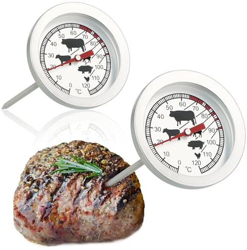 com-four® Thermomètre à rôtir 2x en acier inoxydable - thermomètre à viande analogique jusqu'à 120 ° C - thermomètre à grill - aiguille à viande - 10 cm (002 pièces)