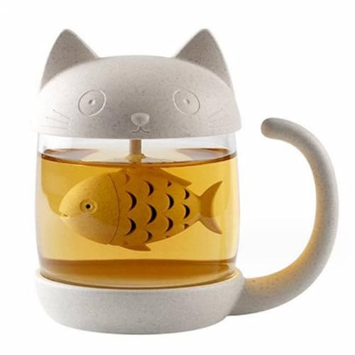 OFKPO Taza de Té de Cristal del Gato, Taza de Agua Bottle con Infusor de Té en Forma de Pez, Café Botella de Agua, 250 ML, Amantes de los Gatos
