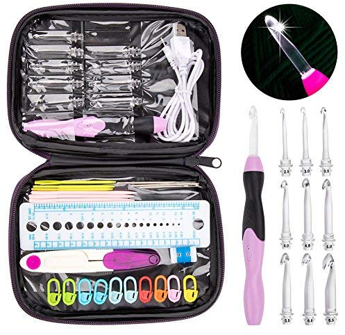 Aiguilles à Crochet Rochet avec LED Ensemble lumières ergonomiques, Rechargeables Crochets allumés, 9 Crochets à têtes interchangeables, Aiguilles à Tricoter avec Poignée en Caoutchouc(Violet)