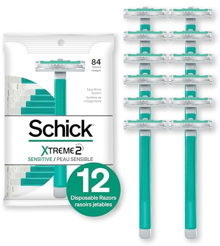 Schick Xtreme 2 Blade Sensitive Skin Disposable Razor For Men, Pack of 12