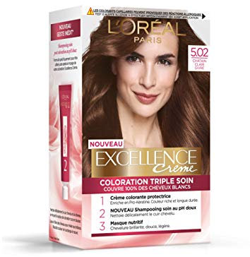 L'Oréal Paris Excellence Crème Coloration Permanente Triple Soin 100% Couverture Cheveux Blancs 5.02 Châtain Clair Givré Marron