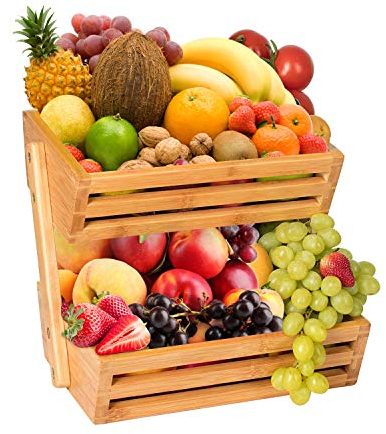 Bamboo 2-Tier Fruit & Veg Basket - Kitchen Counter Organizer with Stable Base - Sturdy Kitchen Storage Organizer for Fruits, Vegetables, Snacks, Bread Storage- Space Saving Countertop Display Stand