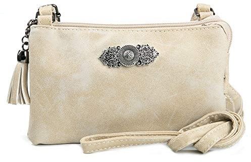 Enzianblau Trachten: Tasche in Leder-Optik mit Ornamentbrosche, Trachtencluch, Oktoberfest Tasche zum Dirndl (beige)