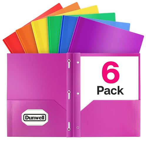 Dunwell Plastic 2 Pocket Folders with 3 Prongs, (6 Pack, Assorted Colors), 3-Clasp Folders with Fasteners, Tear-Resistant, Long Lasting Acid-Free Poly, Includes Labels