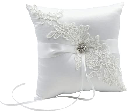 duozoanz Vintage Hochzeitsringkissen Hochzeit Ringkissen Ringhalter - Ehering Kissen Ringbox mit Spitze Satinband für Braut und Bräutigam Verwendung beim Tragen eines Rings,18x18cm,Weiß (A)